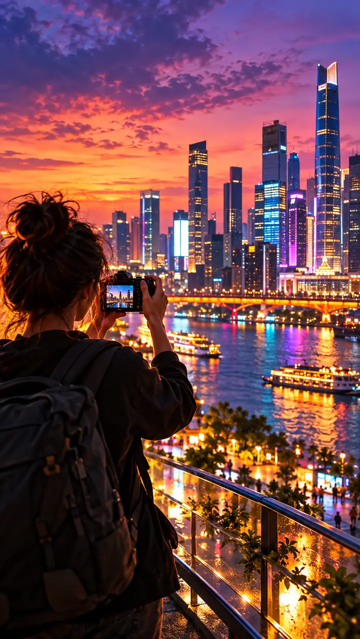 Vertical city scene with vivid evening lights, framed like an energetic social video.