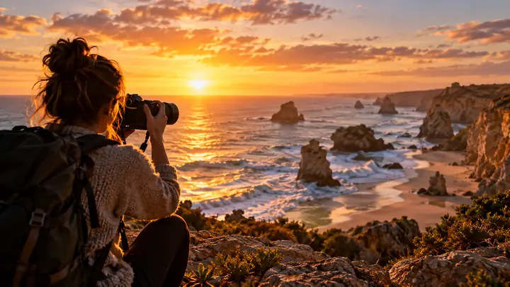 Golden-hour coastline seen through a travel camera, cinematic and inviting.