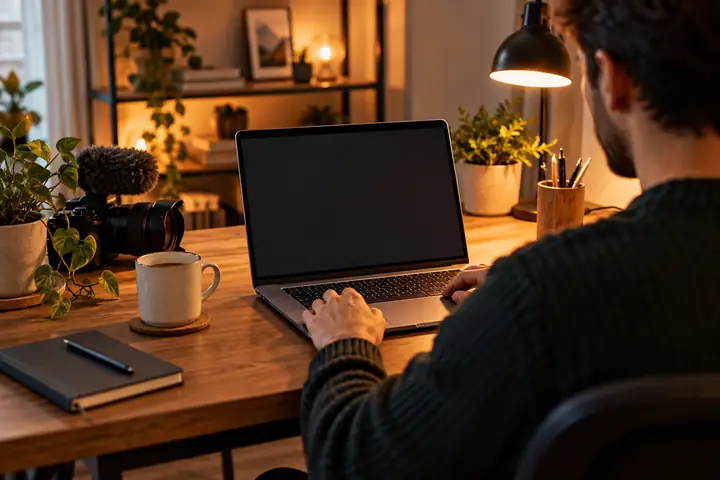 Warm desk setup with a laptop prepared for a clear, approachable video tutorial.